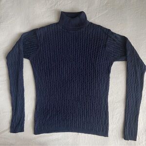 100% Silk Vintage Navy Blue Cable Turtleneck Top - Cable & Gauge - Small